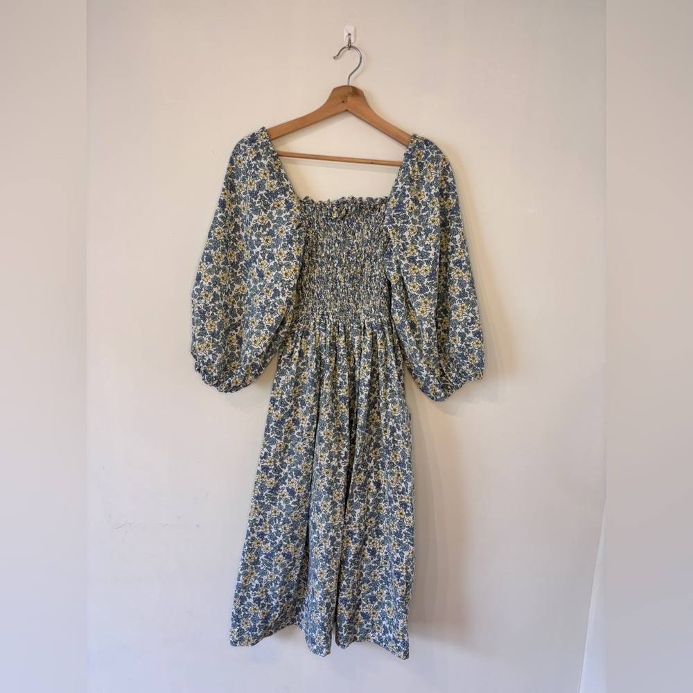 Handmade Shirred Smock Floral Midi Dress Up-Cycled Cotton Cottage Core Size S/M
